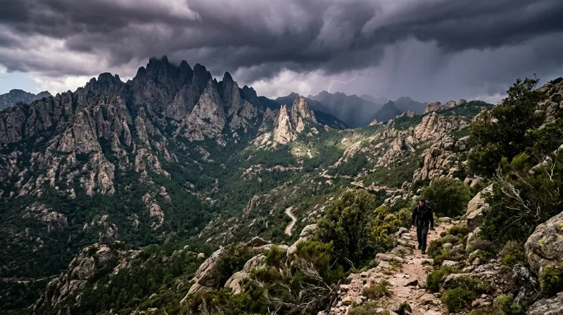 Une photo d'un paysage de montagne en Corse-du-Sud sous un ciel orageux
