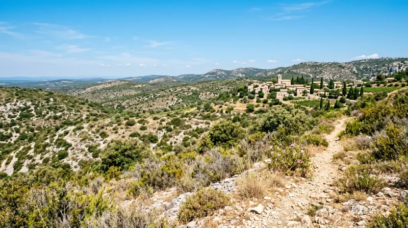 Une photo d'un paysage de garrigue dans le Gard sous un soleil radieux et une chaleur intense.