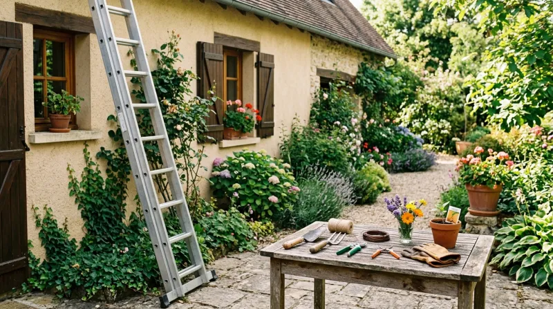 Une photo d'une échelle en aluminium posée contre le mur d'une maison avec des outils de jardinage d