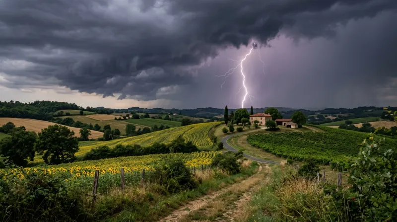 Une photo d'un paysage de campagne dans le Gers sous un ciel d'orage avec de la foudre