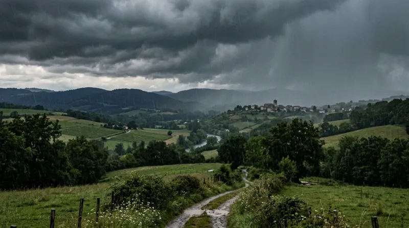 Une photo d'un paysage en Haute-Garonne sous un ciel d'orage et de la pluie