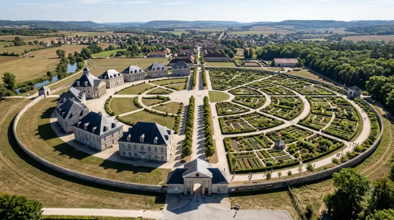 Une photo de l'architecture monumentale en demi-cercle de la Saline royale d'Arc-et-Senans