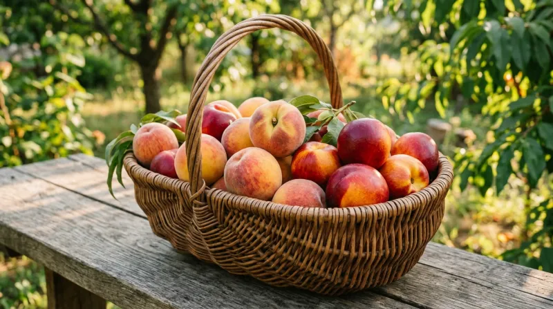 Une photo de pêches et de nectarines fraîches et mûres dans un panier en bois
