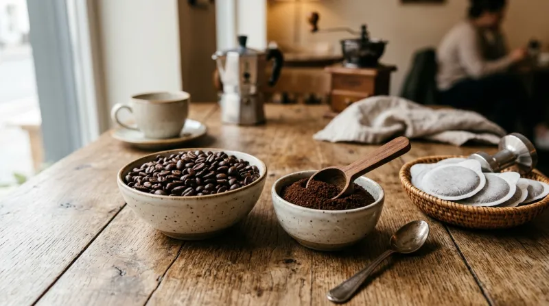 Une photo montrant des grains de café torréfiés, du café moulu et des dosettes de café disposés sur 