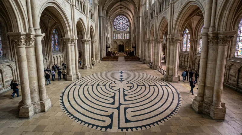 Une photo de l'intérieur de la cathédrale de Chartres mettant en avant son célèbre labyrinthe au sol