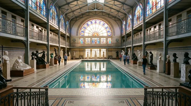 Une photo de l'intérieur du musée de la Piscine de Roubaix montrant le bassin central entouré de scu