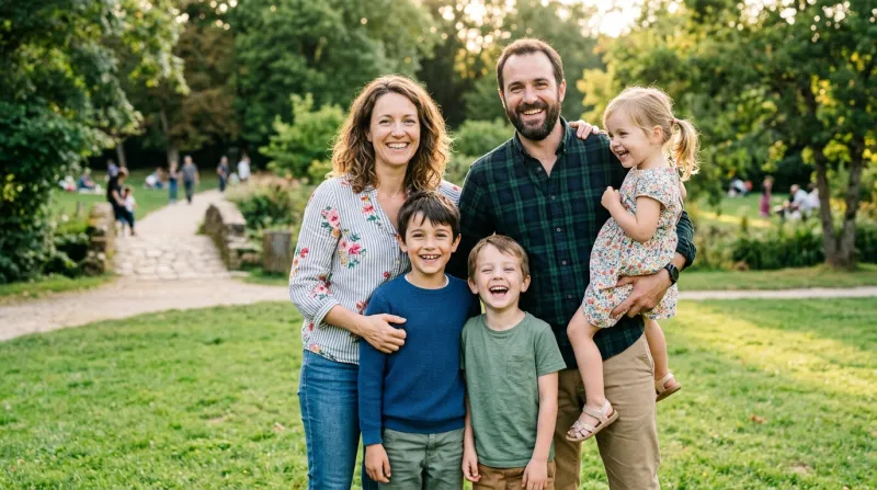 Une photo d'une famille nombreuse souriante avec trois enfants et leurs parents