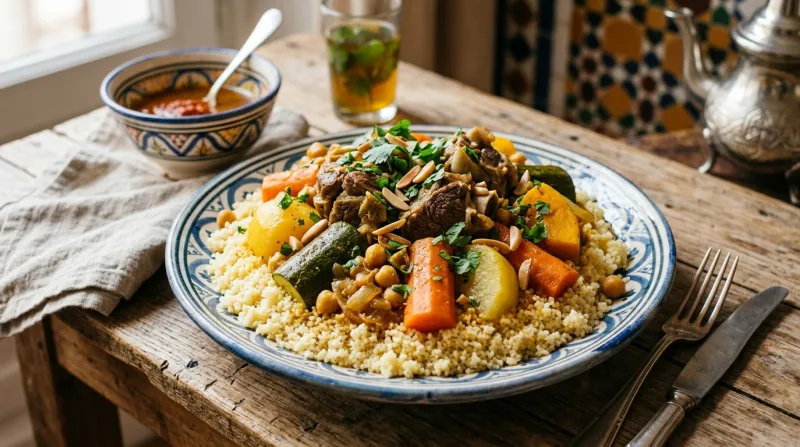 Une photo appétissante d'une assiette de couscous garnie de légumes et de viande