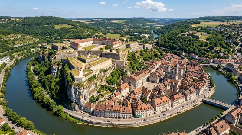 Une photo de la Citadelle de Vauban à Besançon surplombant la vieille ville