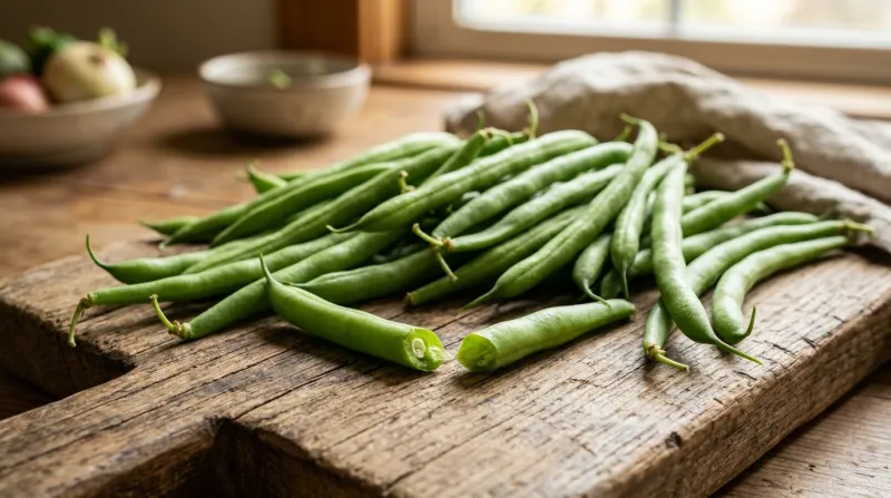 Une photo de haricots verts frais dont l'un est cassé en deux de manière nette