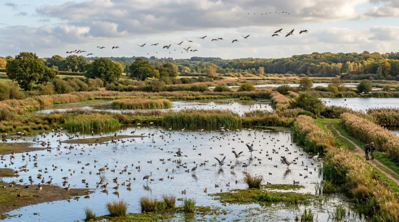 Une photo de paysages d'étangs avec des oiseaux migrateurs dans le Parc naturel régional de la Brenn