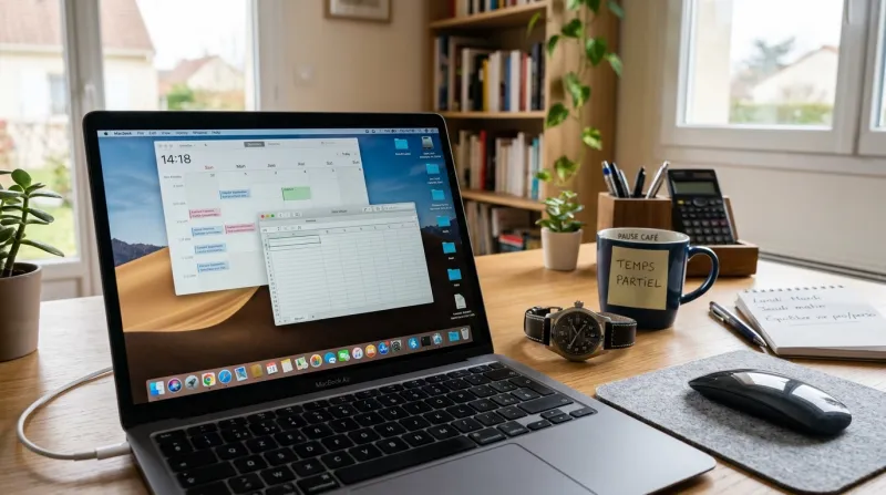 Une photo d'un bureau de travail avec un ordinateur et une montre de poignet posée à côté pour symbo