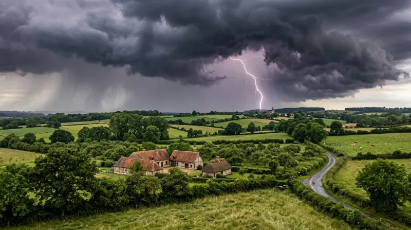 Une photo d’un paysage du Calvados sous un ciel orageux