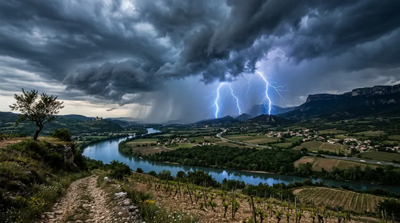 Une photo d'un paysage de la Drôme dans la vallée du Rhône sous un ciel d'orage avec des éclairs