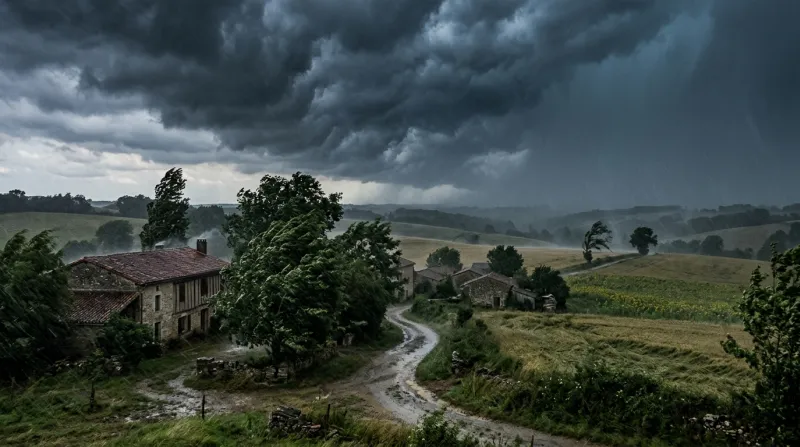 Une photo d'un paysage rural dans le Gers sous un ciel d'orage avec de fortes pluies et du vent