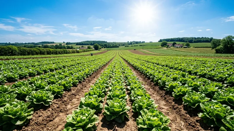 Une photo de pieds de salade dans un champ agricole sous un soleil intense