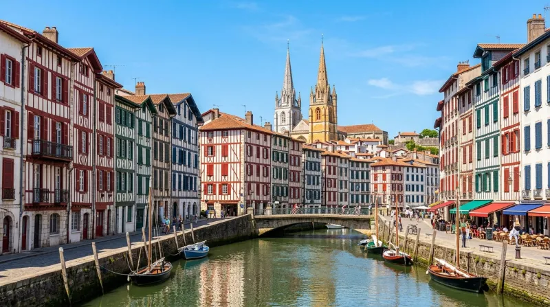 Une photo des maisons à colombages colorées le long des quais de Bayonne sous un ciel dégagé