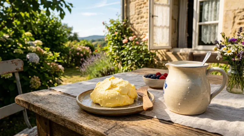 Une photo d'une motte de beurre frais et d'un pichet de lait disposés sur une table rustique par une