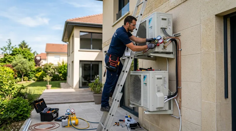 Une photo d'un technicien frigoriste en train d'installer une unité de climatisation moderne