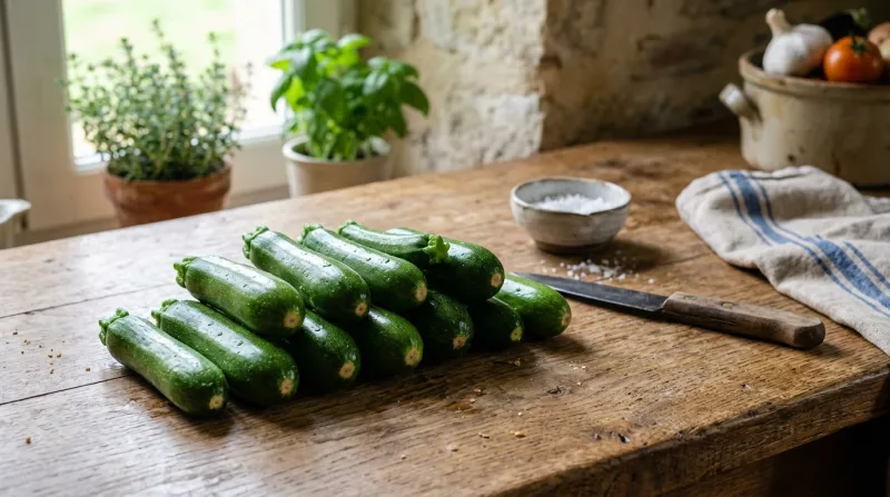 Une photo de petites courgettes fraîches à la peau lisse sur un plan de travail