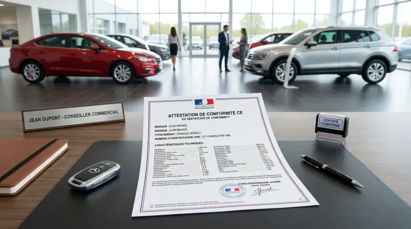 Une photo d'un document officiel d'attestation de conformité posé sur un bureau dans une concession 
