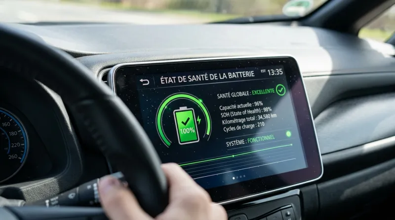 Une photo d'un écran de diagnostic affichant l'état de santé d'une batterie de voiture électrique av
