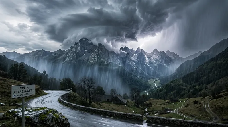 Une photo des montagnes des Pyrénées en Haute-Garonne sous un ciel d'orage avec de la pluie