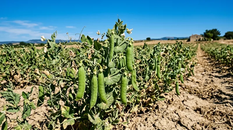 Une photo de gousses de petits pois dans un champ sous un soleil intense et une terre sèche.