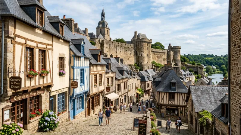 Une photo de la cité médiévale de Dinan avec ses maisons à pans de bois et ses remparts historiques