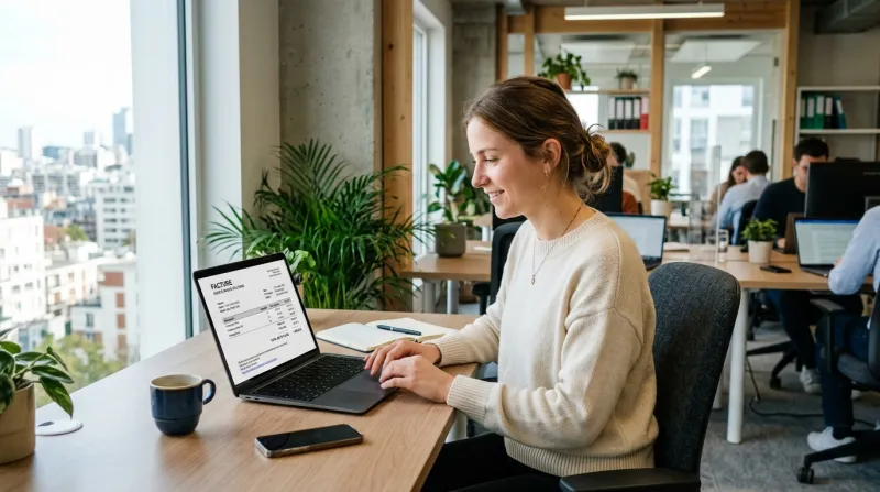 Une photo d'une personne utilisant un ordinateur portable affichant une facture électronique dans un