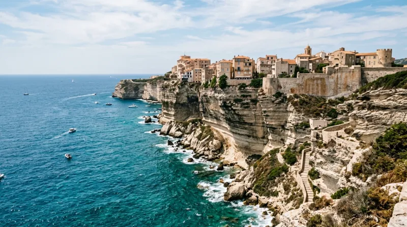 Une photo des falaises de calcaire blanc de Bonifacio avec la cité médiévale perchée au sommet surpl
