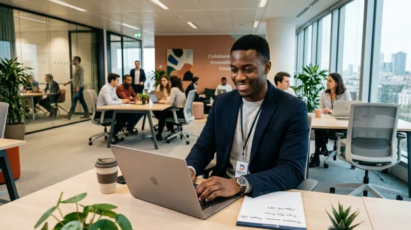 Une photo d'un jeune actif commençant sa carrière professionnelle dans un environnement de travail m