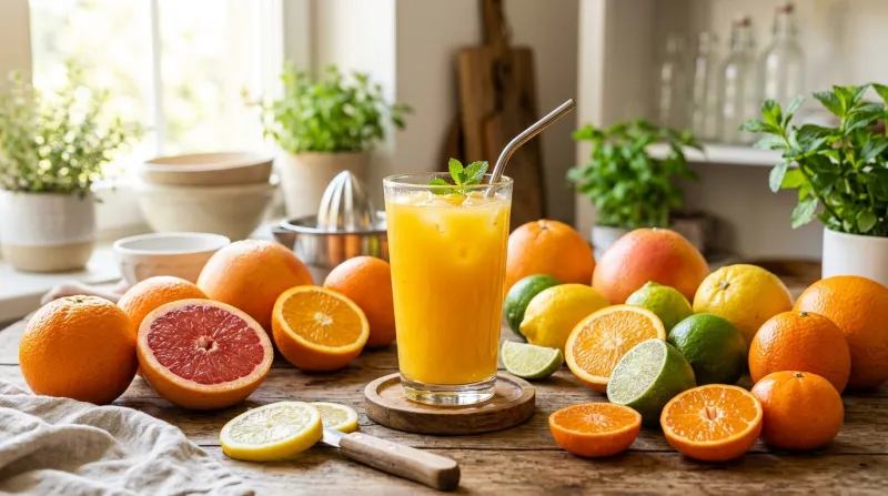 Une photo lumineuse d'un verre de jus d'orange frais entouré de différentes variétés d'agrumes entie