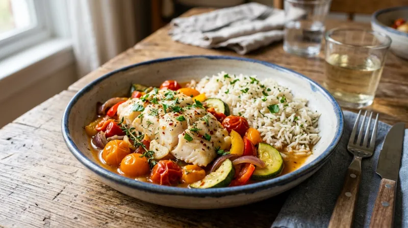 Une photo d'un plat savoureux de filet de poisson blanc ou de volaille mijoté avec des légumes color