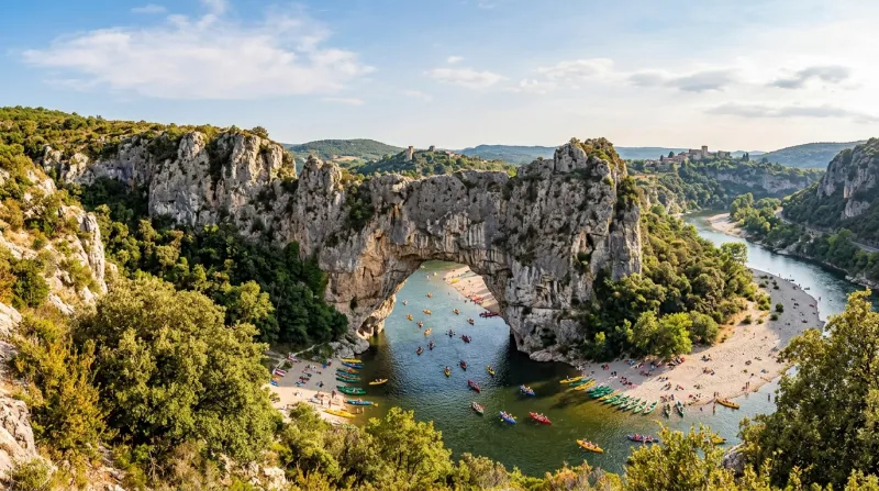 Une photo de l'arche naturelle monumentale du Pont d'Arc surplombant la rivière Ardèche