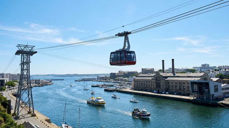Une photo du téléphérique de Brest survolant la mer sous un ciel bleu et dégagé