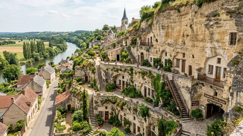 Une photo des habitations troglodytiques creusées dans la falaise calcaire du village de Trôo