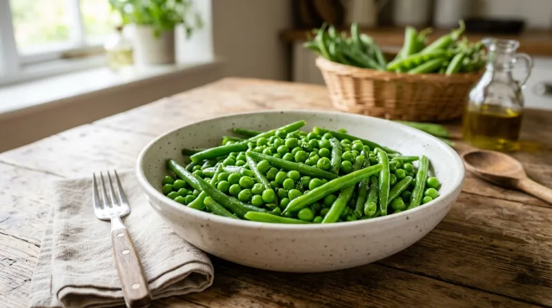 Une photo appétissante de légumes verts frais, notamment des haricots verts et des petits pois dans 