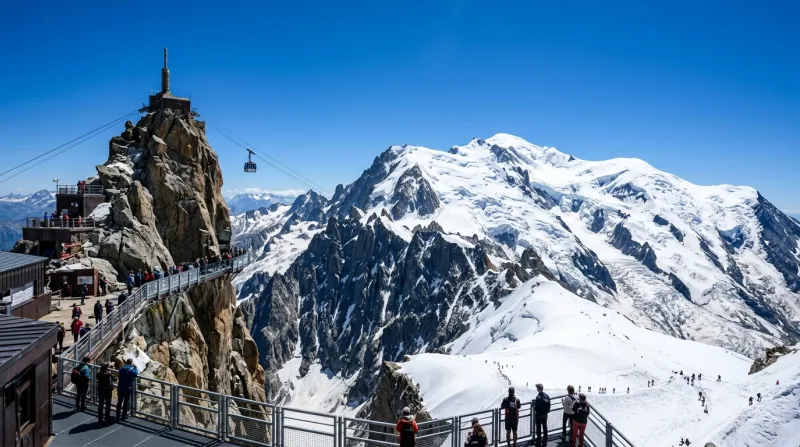 Une photo du sommet de l'Aiguille du Midi et du massif du Mont-Blanc sous un ciel bleu