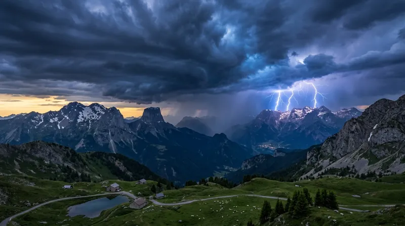 Une photo des massifs montagneux de l'Isère sous un ciel d'orage