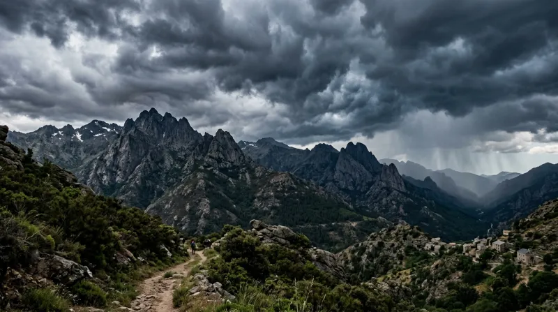 Une photo des reliefs montagneux de la Haute-Corse sous un ciel orageux