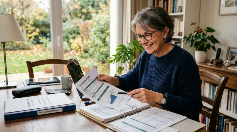 Une photo d'une femme souriante consultant des documents financiers pour sa retraite