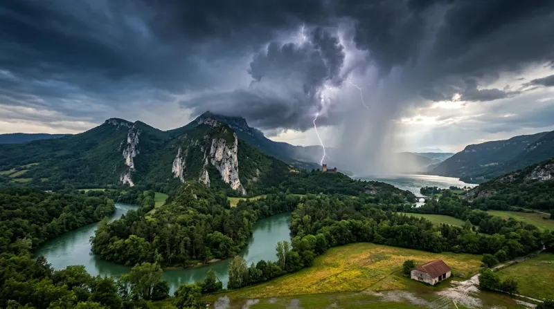 Une photo d'un paysage naturel dans le département de l'Ain sous un ciel d'orage