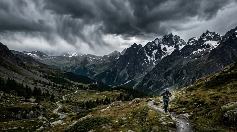 Une photo d'un paysage de montagne en Isère sous un ciel d'orage chargé et venteux