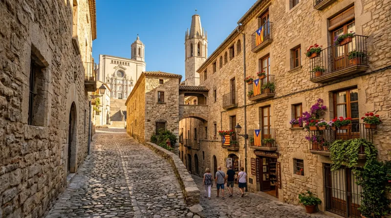 Une photo des ruelles pavées médiévales et de l'architecture historique de la ville de Gérone