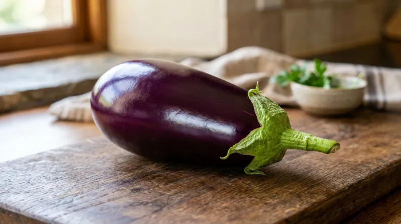 Une photo d'une aubergine violette, lisse et brillante avec un pédoncule bien vert.