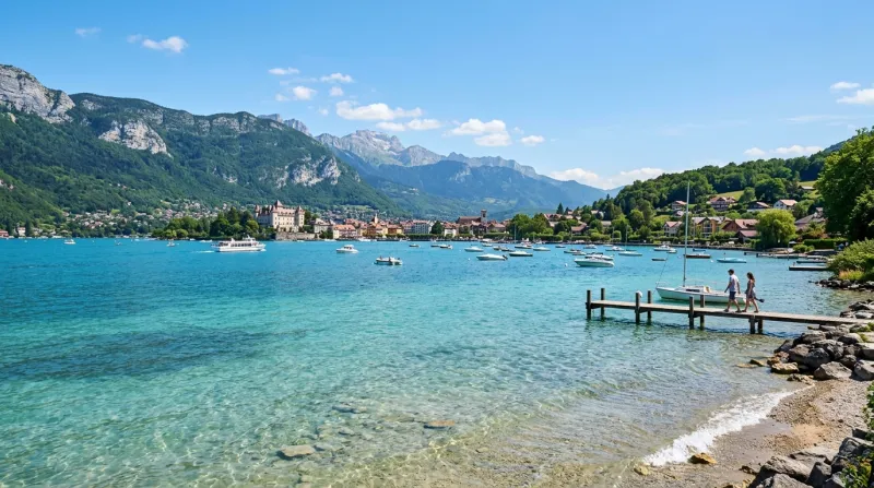 Une photo du lac d'Annecy avec ses eaux cristallines et transparentes sous un ciel clair