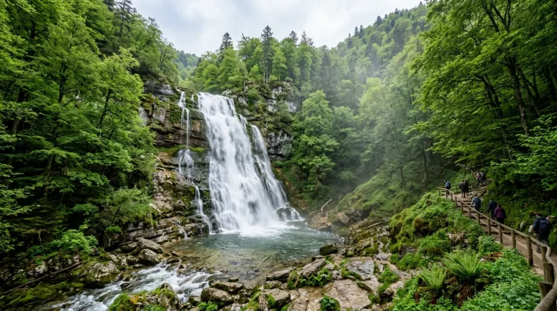 Une photo d'une des majestueuses cascades du Hérisson entourée d'une forêt verdoyante dans le Jura
