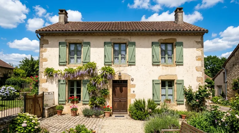 Une photo d'une façade de maison avec des volets en bois fermés sous un ciel ensoleillé