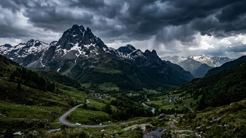 Une photo des paysages de montagne des Pyrénées-Atlantiques sous un ciel orageux